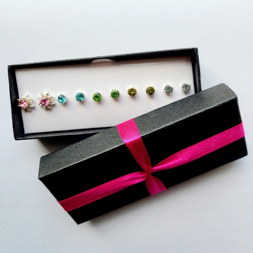 5-Pair Set of Multi-colored Gemstone Earrings with Interchangable Jacket